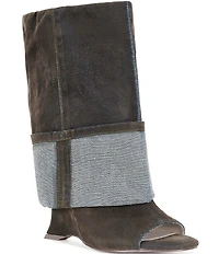 Azalea Wang Tin Denim Cuffed Peep Toe Tall Boots