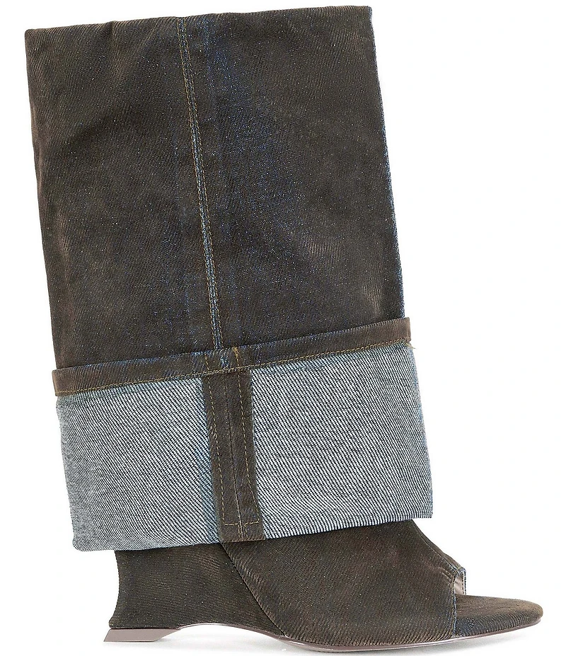 Azalea Wang Tin Denim Cuffed Peep Toe Tall Boots