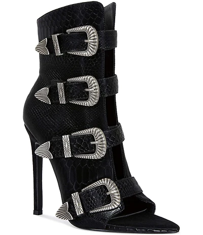 Azalea Wang Tjeerd Snake Print Western Buckle Hardware Peep Toe Booties