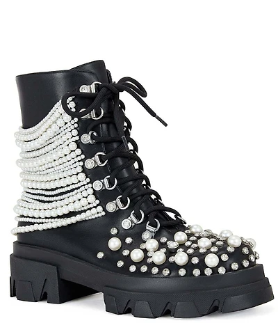 Azalea Wang Twinkley Pearl Studded Rhinestone Embellished Detail Combat Boots