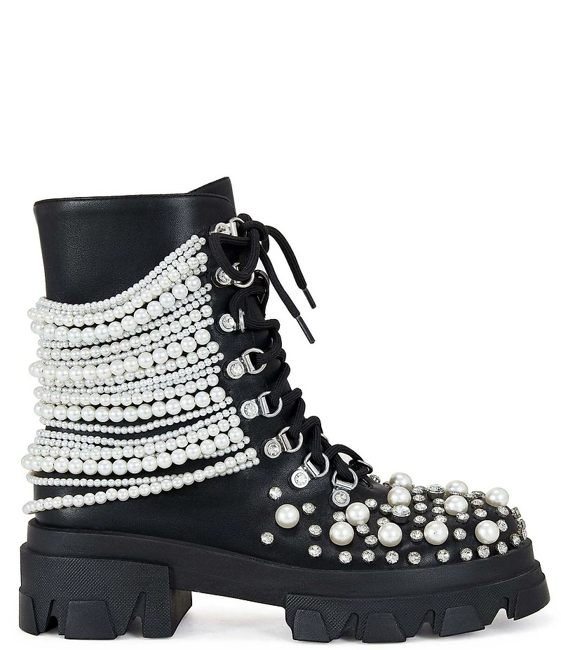 Azalea Wang Twinkley Pearl Studded Rhinestone Embellished Detail Combat Boots