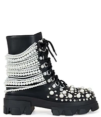 Azalea Wang Twinkley Pearl Studded Rhinestone Embellished Detail Combat Boots