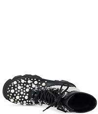 Azalea Wang Twinkley Pearl Studded Rhinestone Embellished Detail Combat Boots