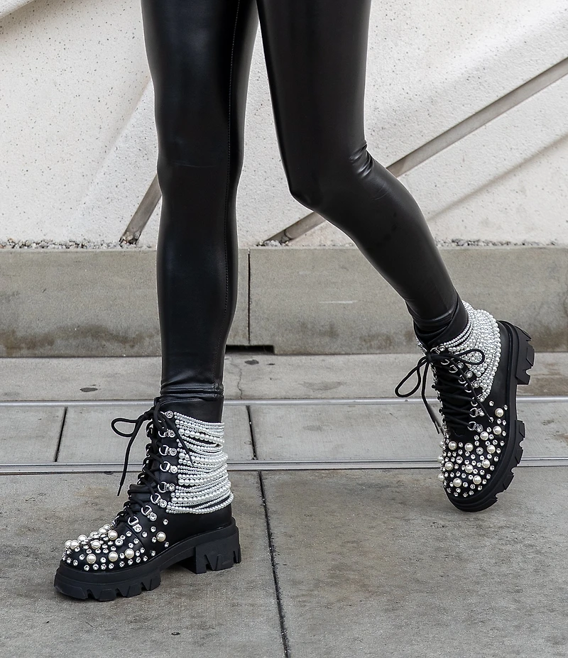 Azalea Wang Twinkley Pearl Studded Rhinestone Embellished Detail Combat Boots