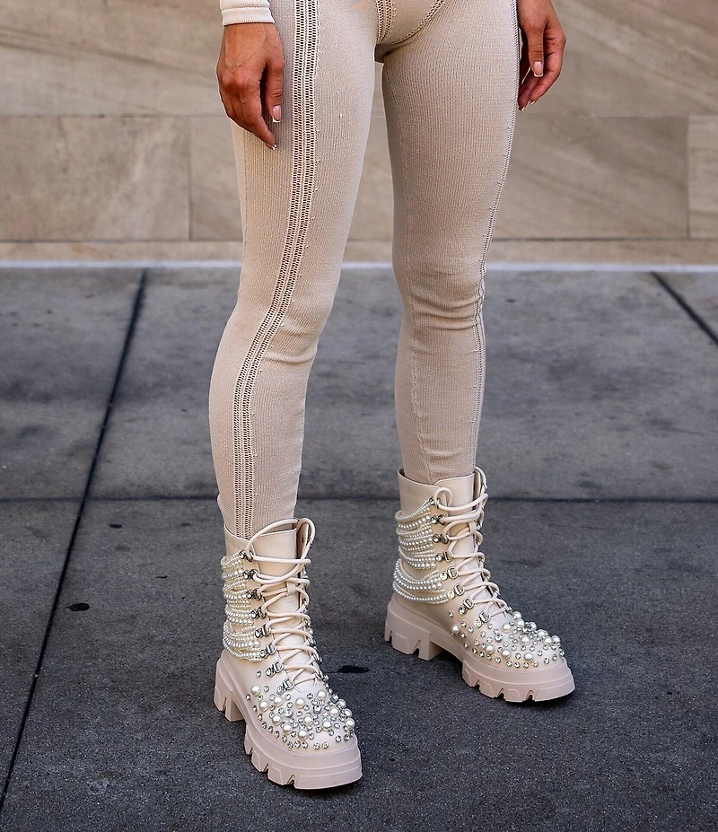 Azalea Wang Twinkley Pearl Studded Rhinestone Embellished Detail Combat Boots
