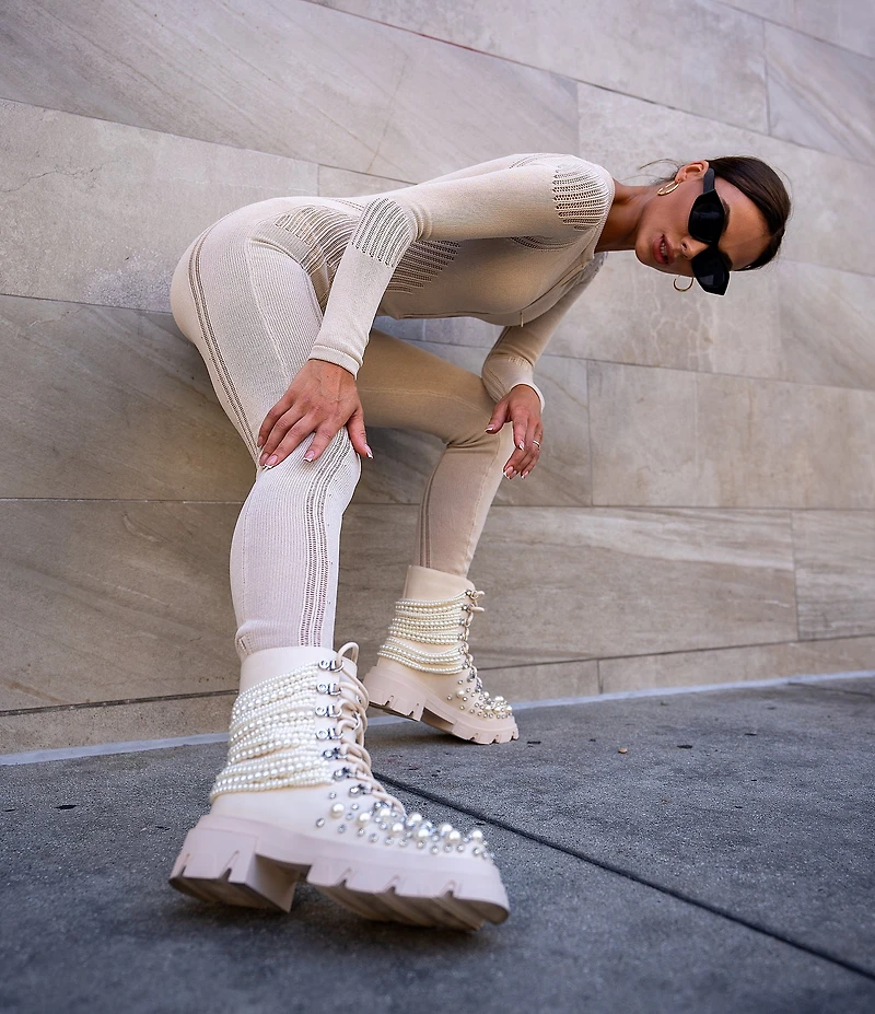 Azalea Wang Twinkley Pearl Studded Rhinestone Embellished Detail Combat Boots