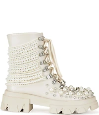 Azalea Wang Twinkley Pearl Studded Rhinestone Embellished Detail Combat Boots