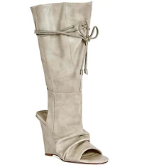 Azalea Wang Vailen Tie Shaft Open Toe Open Back Wedge Tall Boots