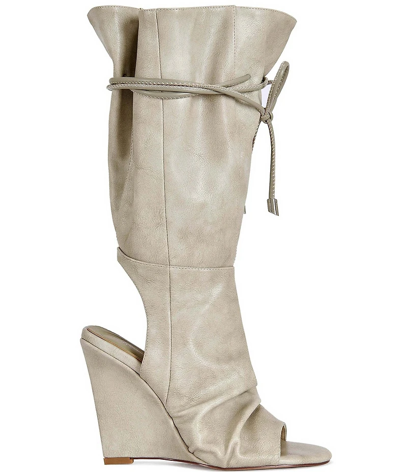 Azalea Wang Vailen Tie Shaft Open Toe Open Back Wedge Tall Boots