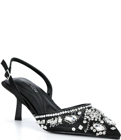 Azalea Wang Valeriy Mesh Jewel Embellished Dress Slingback Pumps