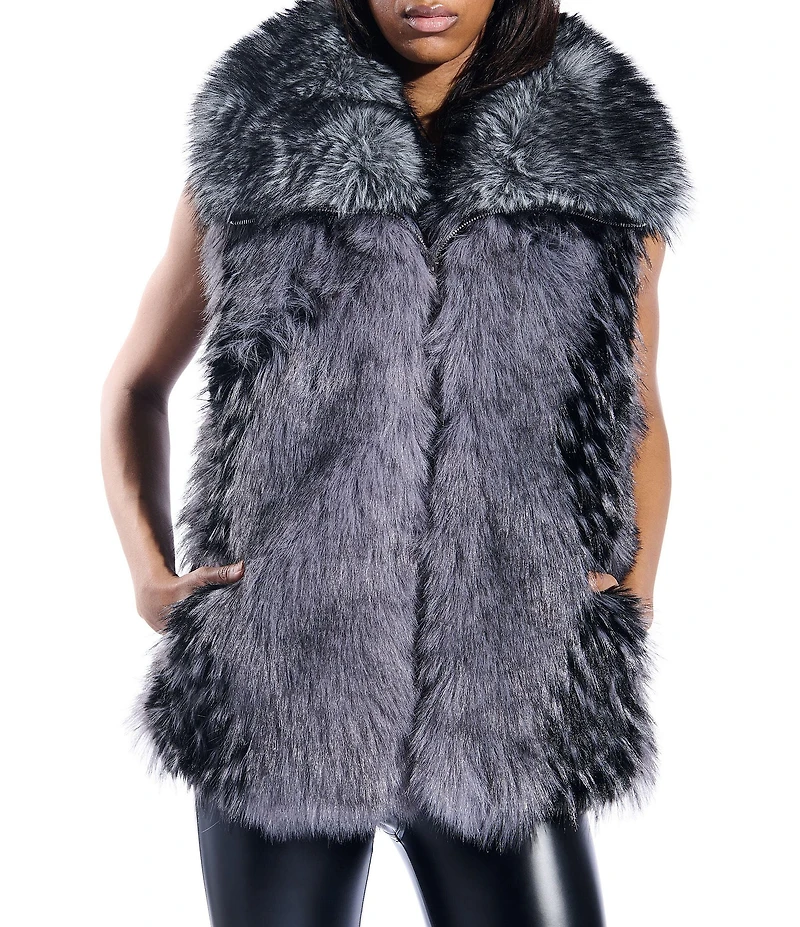 Azalea Wang Vanesa Raccoon Pattern Faux Fur Shawl Collar Oversize Zip Front Vest