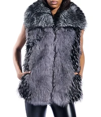 Azalea Wang Vanesa Raccoon Pattern Faux Fur Shawl Collar Oversize Zip Front Vest