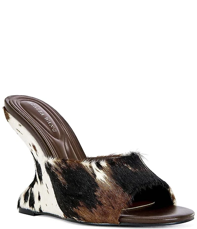 Azalea Wang Vasa Cow Print Calf Hair Sculpted Wedge Slide Sandals