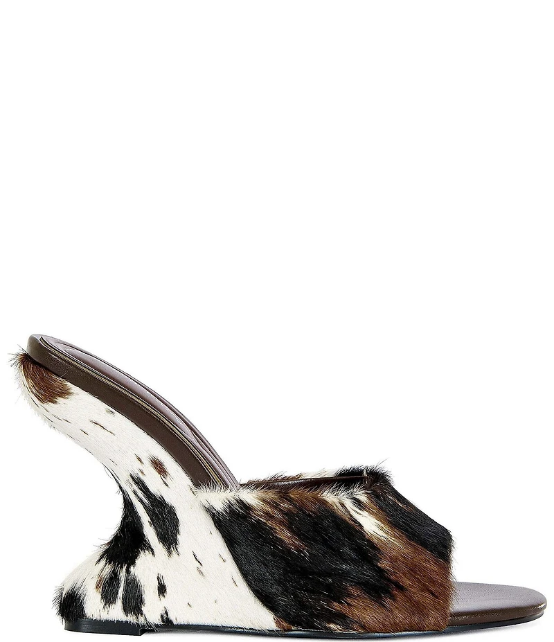 Azalea Wang Vasa Cow Print Calf Hair Sculpted Wedge Slide Sandals