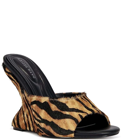 Azalea Wang Vasa Tiger Print Faux Fur Sculpted Wedge Slide Sandals