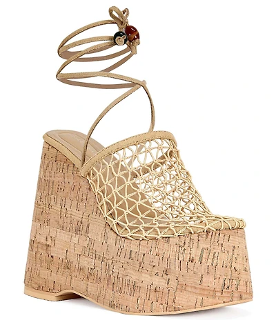 Azalea Wang Venne Woven Ankle Tie Cork Platform Wedge Mules