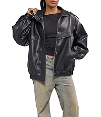 Azalea Wang Verlander-Black Faux Leather Stand Collar Snap Front Bomber Jacket