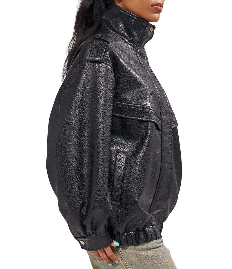Azalea Wang Verlander-Black Faux Leather Stand Collar Snap Front Bomber Jacket
