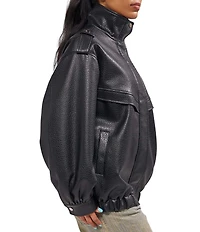 Azalea Wang Verlander-Black Faux Leather Stand Collar Snap Front Bomber Jacket