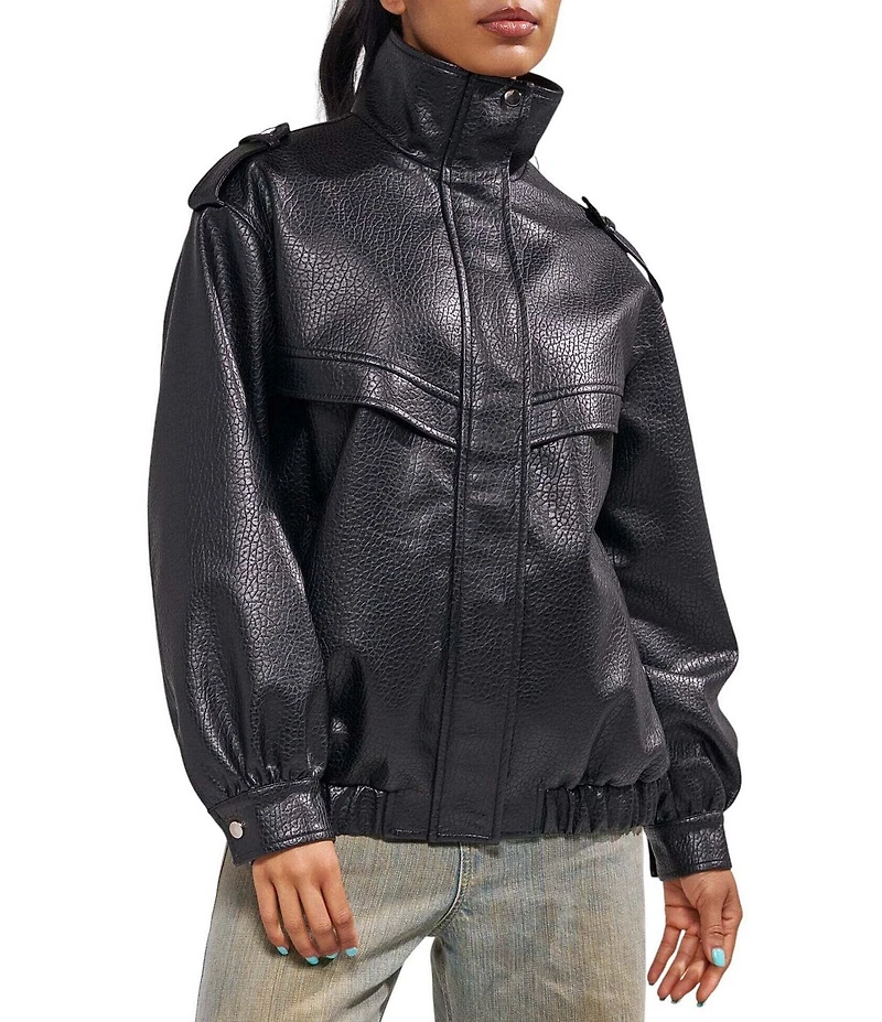 Azalea Wang Verlander-Black Faux Leather Stand Collar Snap Front Bomber Jacket