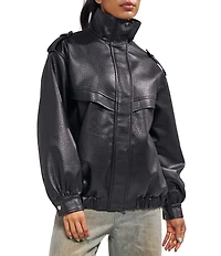 Azalea Wang Verlander-Black Faux Leather Stand Collar Snap Front Bomber Jacket
