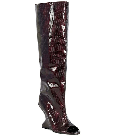 Azalea Wang Vincent Croco Embossed Patent Peep Toe Sculptural Wedge Tall Boots