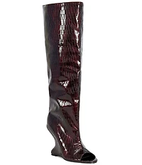 Azalea Wang Vincent Croco Embossed Patent Peep Toe Sculptural Wedge Tall Boots