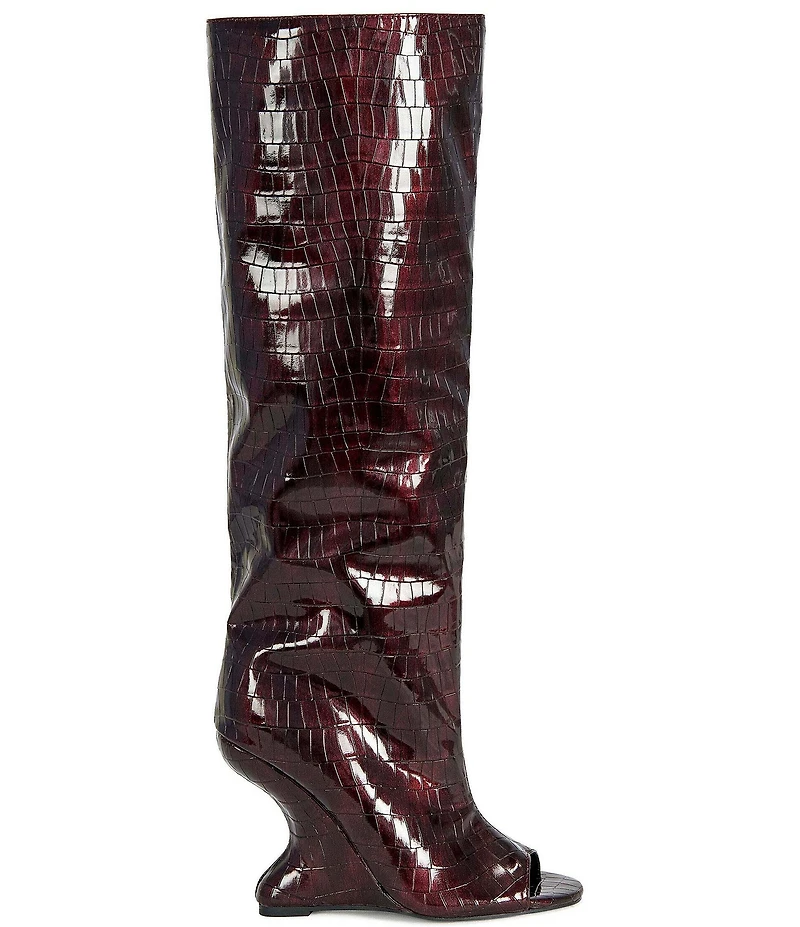 Azalea Wang Vincent Croco Embossed Patent Peep Toe Sculptural Wedge Tall Boots