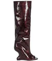 Azalea Wang Vincent Croco Embossed Patent Peep Toe Sculptural Wedge Tall Boots