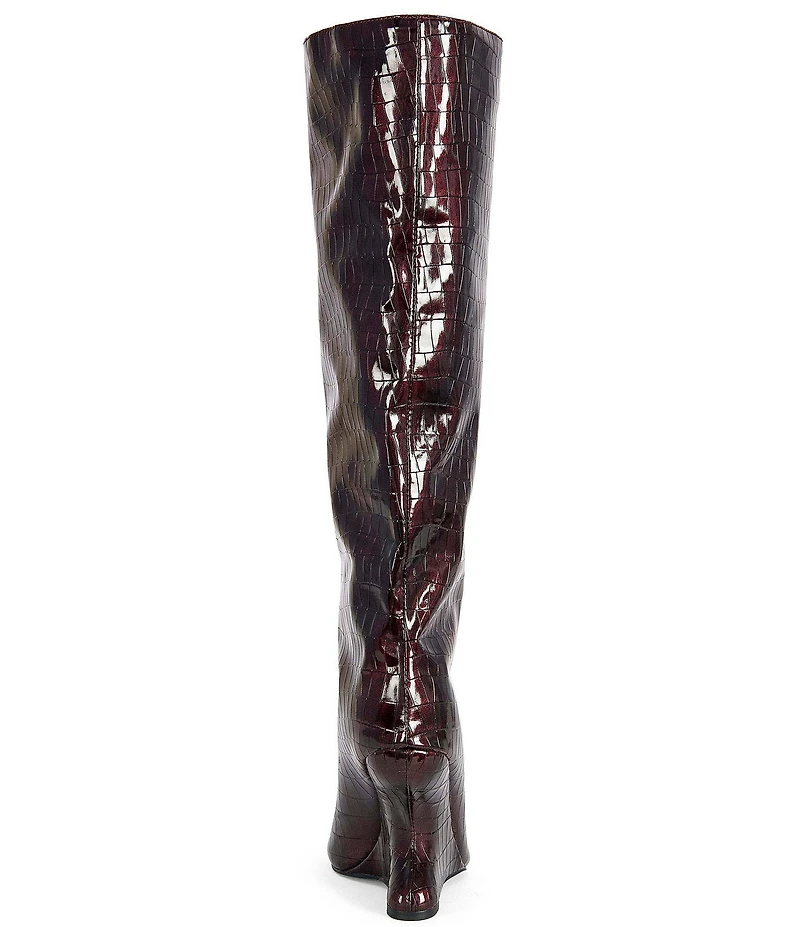 Azalea Wang Vincent Croco Embossed Patent Peep Toe Sculptural Wedge Tall Boots