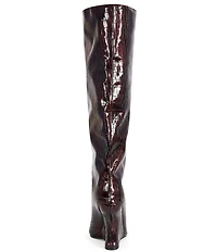 Azalea Wang Vincent Croco Embossed Patent Peep Toe Sculptural Wedge Tall Boots