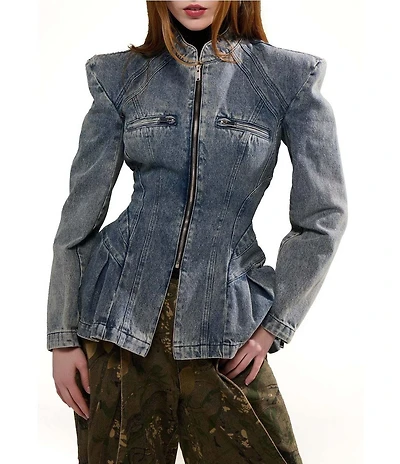 Azalea Wang Virelle Denim Stand Collar Long Sleeve Zip Front Blazer Jacket