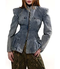 Azalea Wang Virelle Denim Stand Collar Long Sleeve Zip Front Blazer Jacket