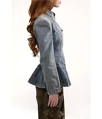 Azalea Wang Virelle Denim Stand Collar Long Sleeve Zip Front Blazer Jacket