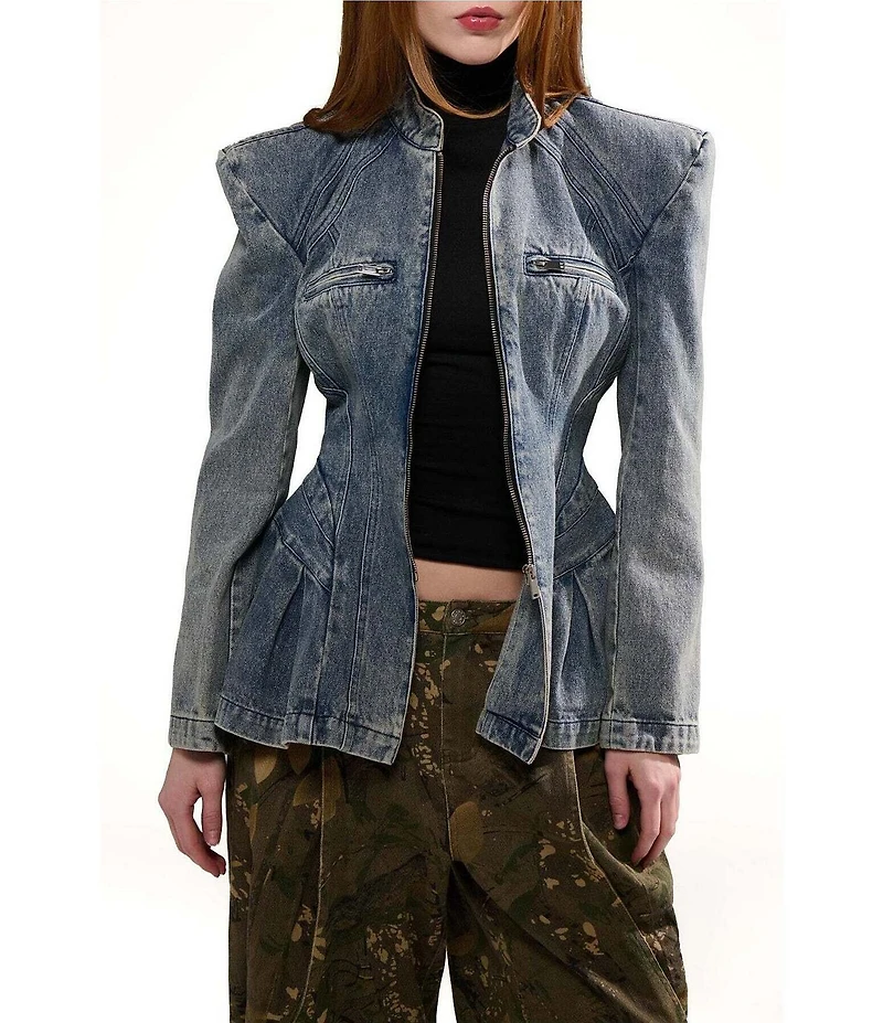 Azalea Wang Virelle Denim Stand Collar Long Sleeve Zip Front Blazer Jacket