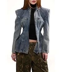 Azalea Wang Virelle Denim Stand Collar Long Sleeve Zip Front Blazer Jacket