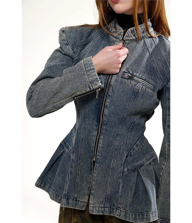Azalea Wang Virelle Denim Stand Collar Long Sleeve Zip Front Blazer Jacket