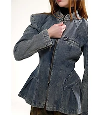 Azalea Wang Virelle Denim Stand Collar Long Sleeve Zip Front Blazer Jacket