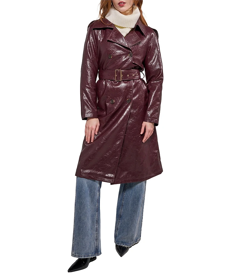 Azalea Wang Vivienne-Merlot Collar Neck Long Sleeve Belted Trench Coat