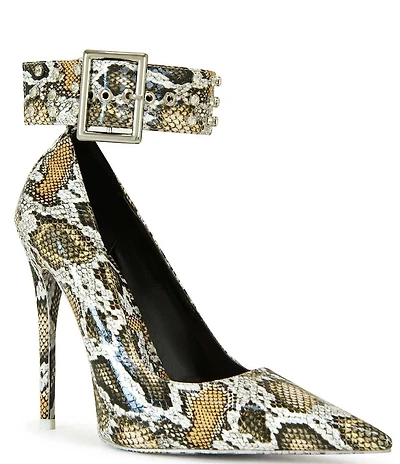 Azalea Wang Volney Snake Print Ankle Strap Pumps