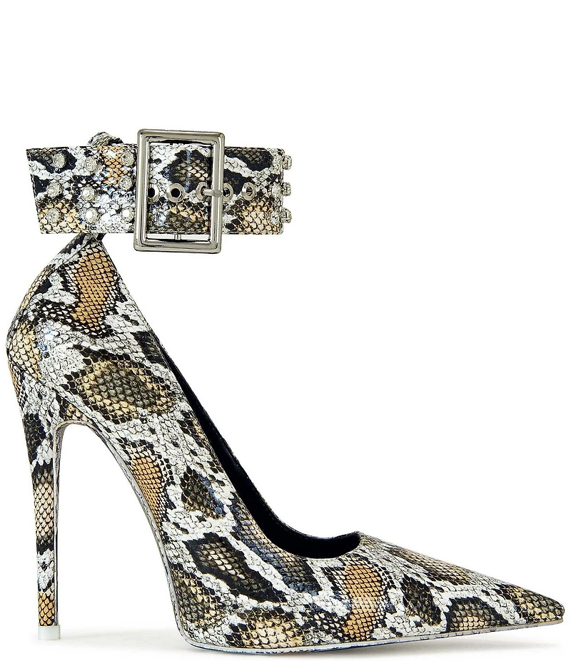 Azalea Wang Volney Snake Print Ankle Strap Pumps