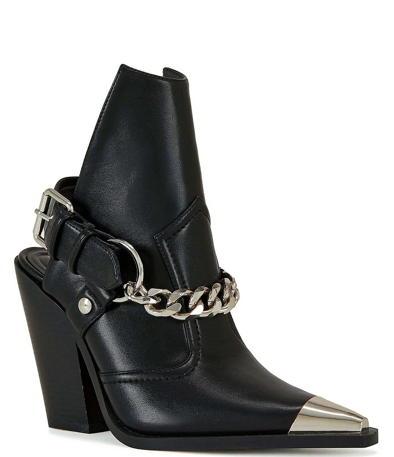Azalea Wang Wade Chain Harness Back Strap Capped Pointed Toe Ankle Booties