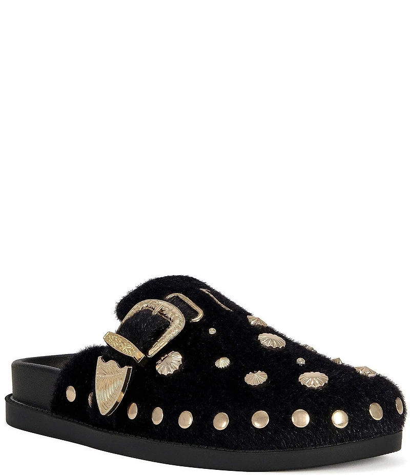 Azalea Wang Walsh Studded Western Buckle Faux Fur Mule Clogs
