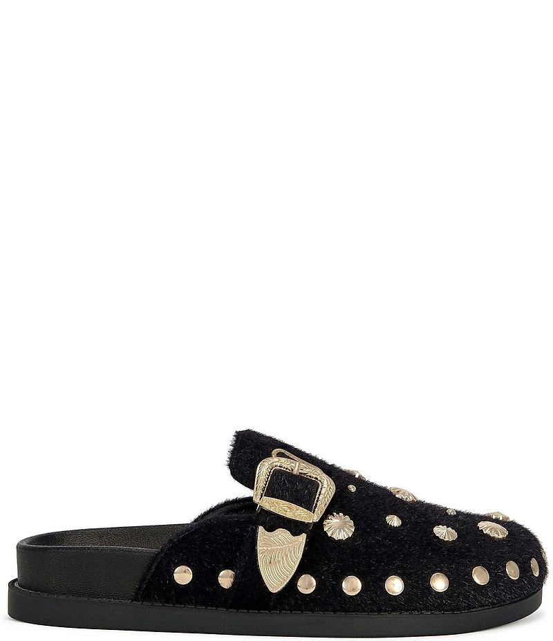 Azalea Wang Walsh Studded Western Buckle Faux Fur Mule Clogs