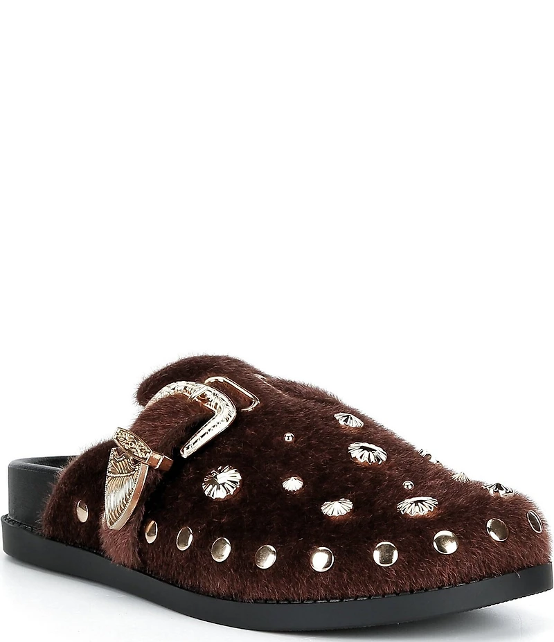 Azalea Wang Walsh Studded Western Buckle Faux Fur Mule Clogs