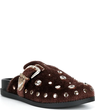 Azalea Wang Walsh Studded Western Buckle Faux Fur Mule Clogs