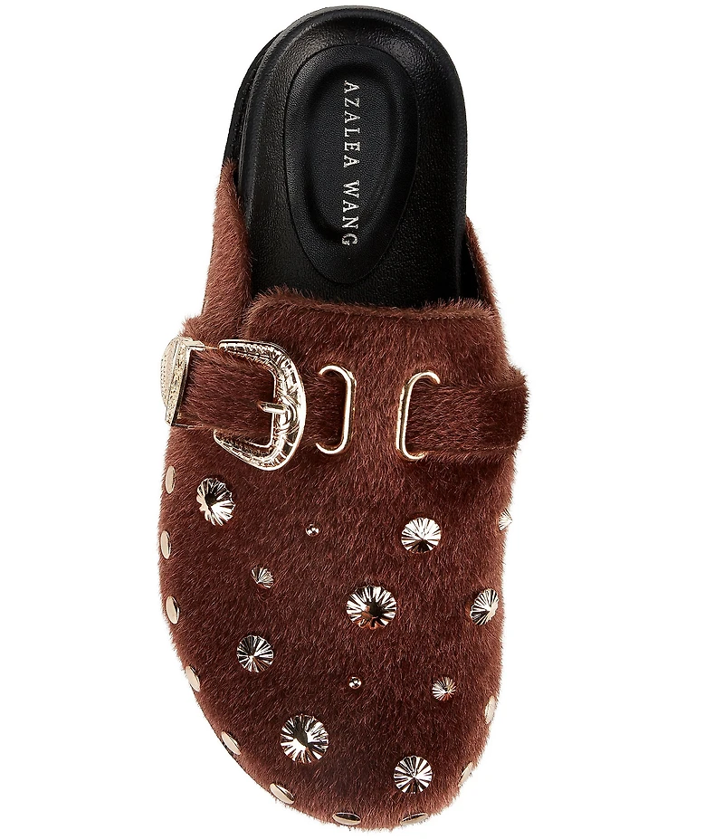 Azalea Wang Walsh Studded Western Buckle Faux Fur Mule Clogs