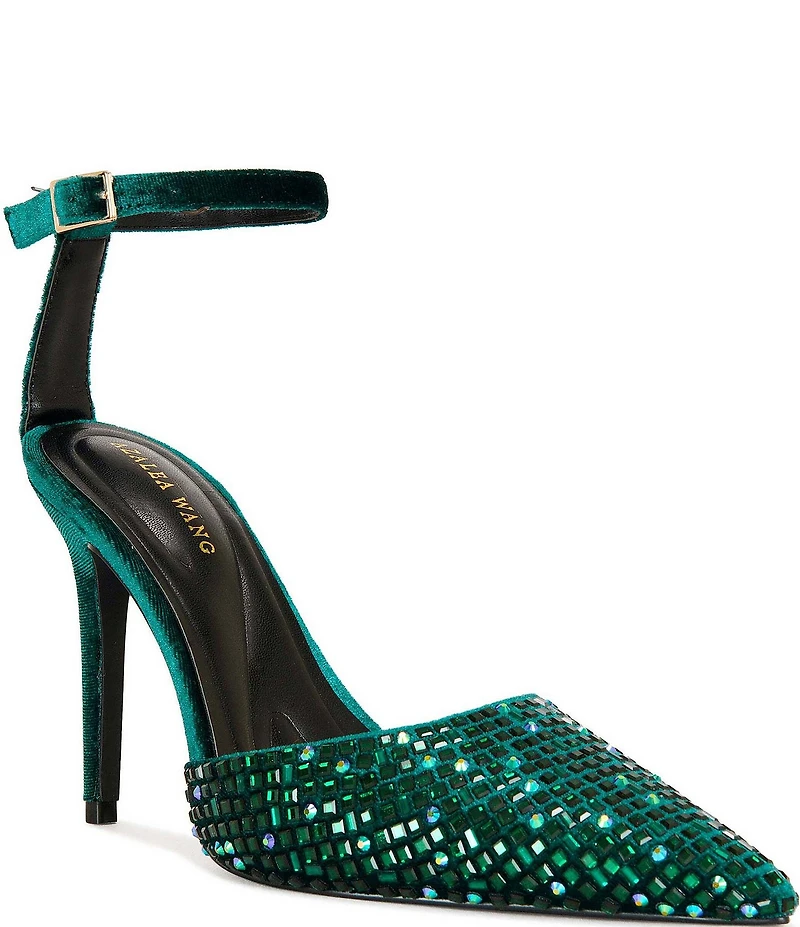 Azalea Wang Waraia Rhinestone Velvet Ankle Strap Dress Pumps