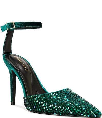 Azalea Wang Waraia Rhinestone Velvet Ankle Strap Dress Pumps