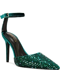 Azalea Wang Waraia Rhinestone Velvet Ankle Strap Dress Pumps